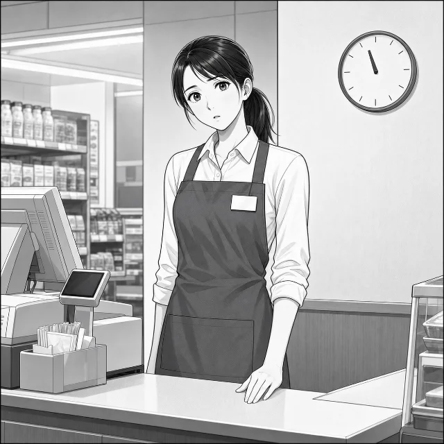 23時すぎのコンビニで首をかしげるみずきさん。会社が別なら残業にはならず、深夜の分だけ1.25倍だと思っている
