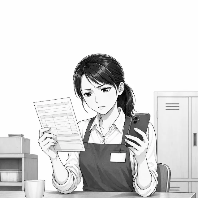 休憩室で給与明細とスマホの計算を見比べるみずきさん。時給1,300円かける時間のはずなのに計算が合わず困っている。