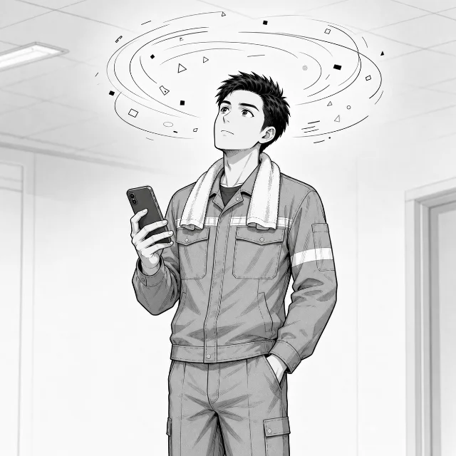 深夜の時給が結局いくらなのか求人に書かれておらず、天井を見上げて考え込むたくみくん
