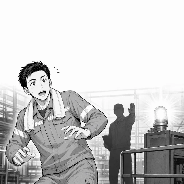 設備トラブルでラインが止まり、班長から1時間の延長を告げられてのけぞって驚くたくみくん。