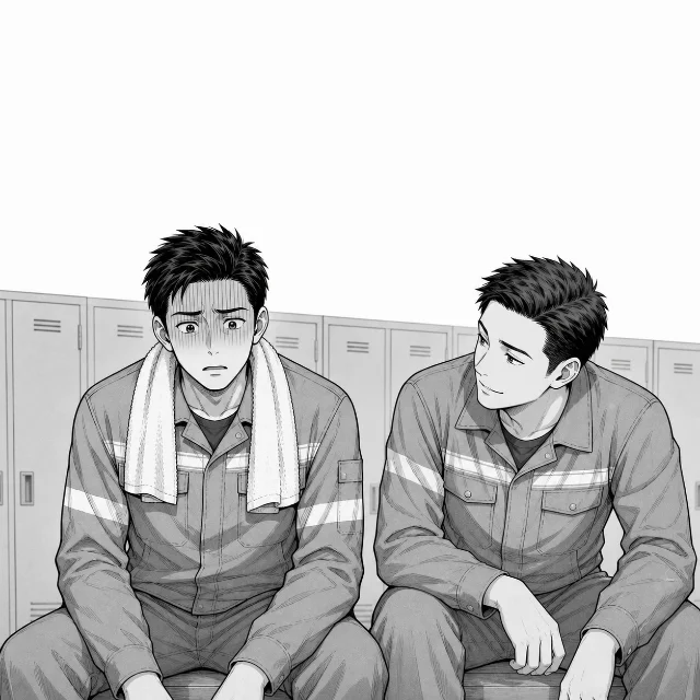 更衣室で同僚から、夜勤手当が出ているなら残業代はないのではと言われ、青ざめるたくみくん。