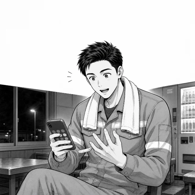 休憩スペースでスマホの電卓と指折りで割増率を数え、ひらめくたくみくん