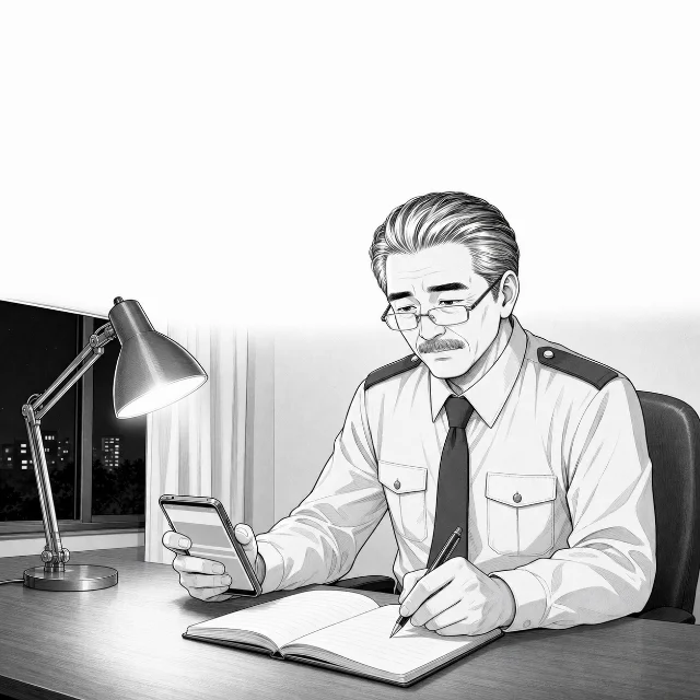 夜の自宅でスマホとノートを並べ、内定先の給与条例を調べるしげさん