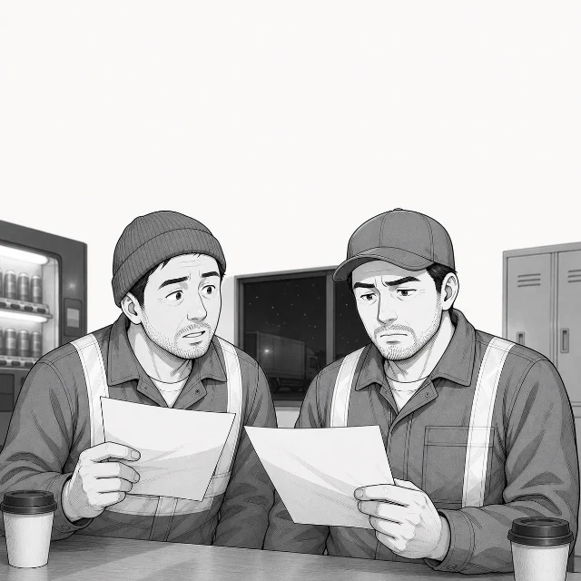 休憩所で同期と給与明細を見せ合うけんじさん。月給は同じはずなのに手取りが違い、眉を寄せている。