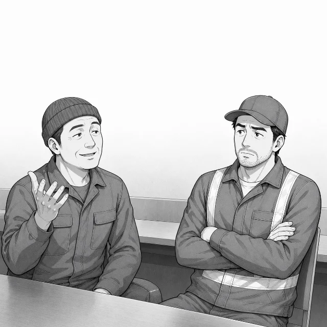 同期から歩合給の分に割増は付かないと言われ、そういうものかと腕を組んで釈然としないけんじさん。