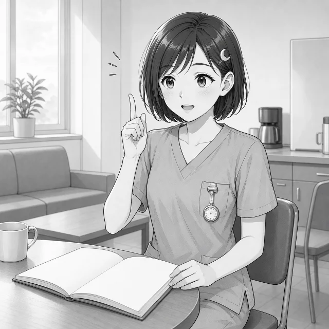 夜勤明けの休憩室で基本給と手当を手帳に書き出して見比べ、給与構造に気づくあかりさん
