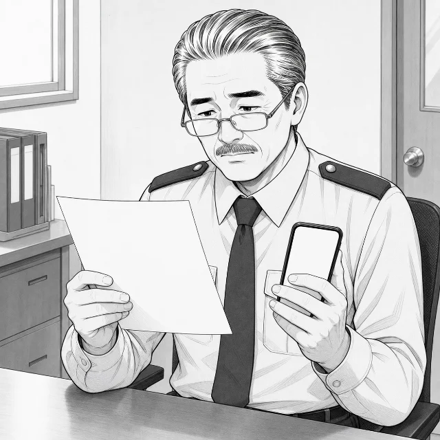 詰所の机で給与明細とスマホを見比べ、標準報酬月額の等級を確かめるしげさん