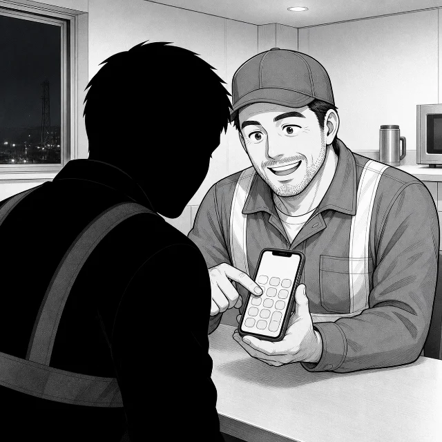 基礎時給×25%×深夜の時間数を電卓で計算し、給与明細と見比べようと同期を誘うけんじさん
