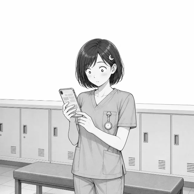 更衣室で給与明細を見るあかりさん。夜勤手当は3万円増え、手取りの増え方は約2万9千円。差の千円あまりに目が点になる。